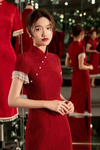Crimson Lace Cheongsam with Pearl Tassel Sleeves – Perfect for Weddings and Festive Occasions