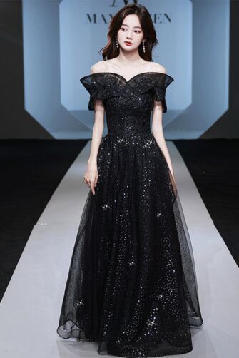 Black Starry Off-the-Shoulder Evening Gown – Perfect for Formal Galas and Special Events