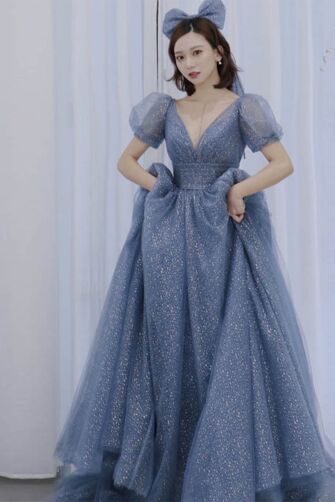 Celestial Blue Princess Gown – Sparkling Tulle Dress with Puff Sleeves & Bow Accents