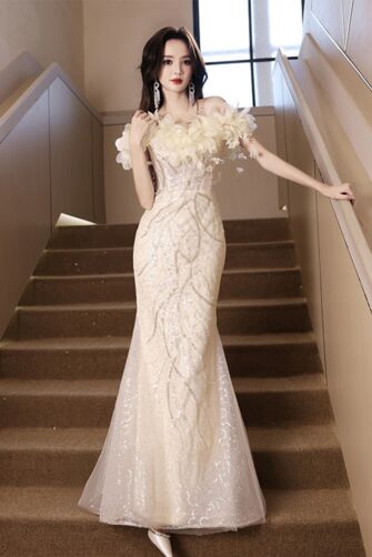 Champagne Sequin Off-Shoulder Mermaid Gown with 3D Floral Accents – Perfect for Weddings and Formal Events