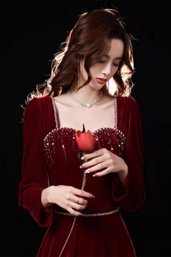 Velvet Crimson Queen Gown – Luxe Sequin-Embellished Long Sleeve Dress for Formal Events