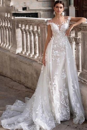 Lace Illusion Neckline Mermaid Gown with Detachable Skirt for Formal Events