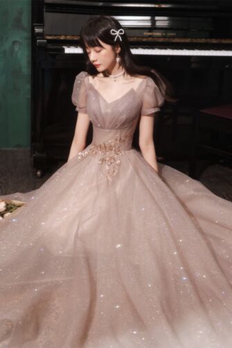 Starlit Melody Glitter Gown – Puff Sleeves & Floral Embellishments