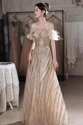 Champagne Feather Off-Shoulder Glitter Gown – Perfect for Weddings and Formal Events