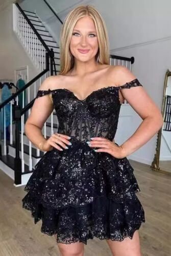Off-the-Shoulder Sequin Tiered Mini Dress for Party Events