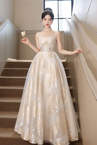 Elegant Ivory Tulle Gown with Gold Floral Embroidery – Perfect for Weddings and Formal Celebrations"