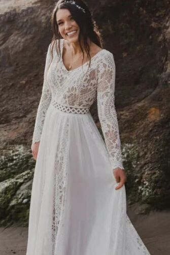 Long-Sleeve Lace V-Neck Gown with Flowing Skirt for Beach Weddings