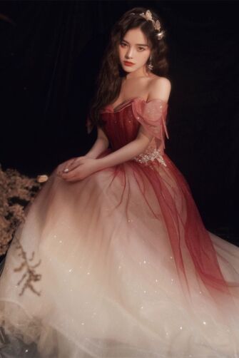 Red-to-Peach Gradient Off-Shoulder Tulle Gown with Floral Appliqué – Perfect for Weddings and Formal Events