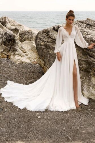 Long-Sleeve V-Neck Gown with High Slit and Long Train for Formal Events