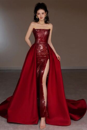 Crimson Sequin Strapless High-Slit Gown with Overskirt – Perfect for Galas and Formal Evenings