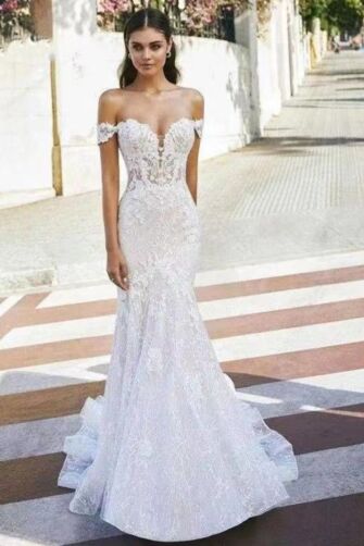 Lace Shoulder Mermaid Gown with Long Train for Formal Events