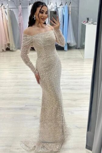Off-the-Shoulder Sequin Mermaid Gown with Long Train for Formal Events
