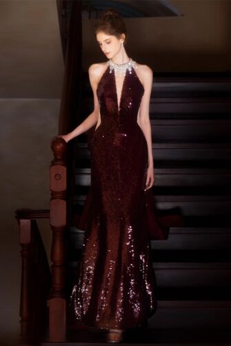  Dazzling Burgundy Sequined Gown with Elegant Neckline and Charming Back Bow