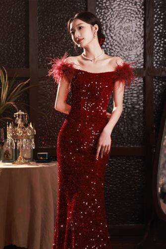 Fierce Red Sequin Off-Shoulder Gown with Feather Accents – Perfect for Red Carpet Events