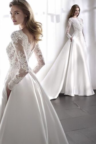 Long Sleeve A-Line Gown with Satin Skirt