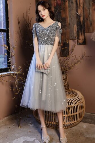 Silver Starlight Beaded Tulle Dress – Elegant Midi Evening Gown