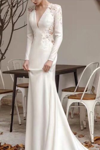 Long-Sleeve Lace Inset Mermaid Gown with Long Train for Evening Events
