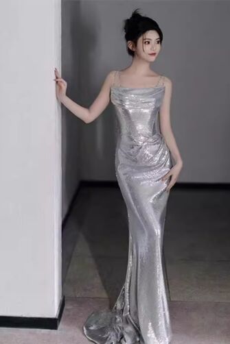 Glamorous Silver Sequin Off-Shoulder Gown with Cascading Train – Ideal for Weddings and Formal Events