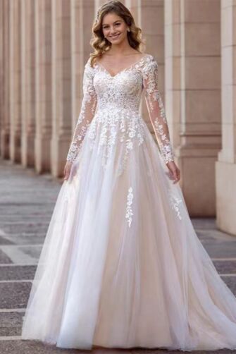 Lace Long-Sleeve V-Neck Ball Gown with Long Train for Formal