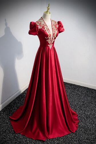 Red Satin Gown with Floral Embroidery and Puffy Sleeves