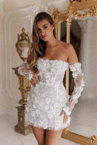 Off-the-Shoulder Long-Sleeve Lace Mini Dress with 3D Floral Appliqué for Party Events