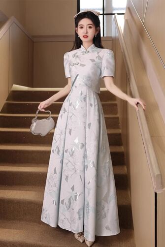 Azure Elegance – Floral Jacquard Cheongsam-Inspired Gown