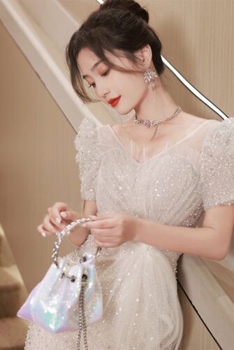 Champagne Sequin Puff-Sleeve Mermaid Gown with Tulle Sash – Perfect for Weddings and Formal Occasions