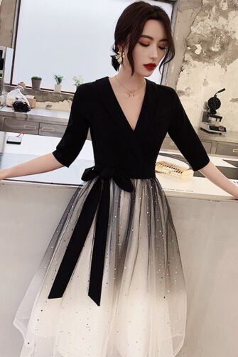 Chic Black-and-White Ombre Tulle Dress with Belt – Perfect for Cocktail Parties and Formal Gatherings