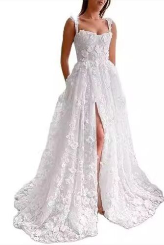 Strapless Lace A-Line Gown with High Slit and Long Train for Formal Events