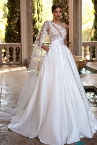 One-Shoulder Lace and Satin Ball Gown with Long Train for Formal Events