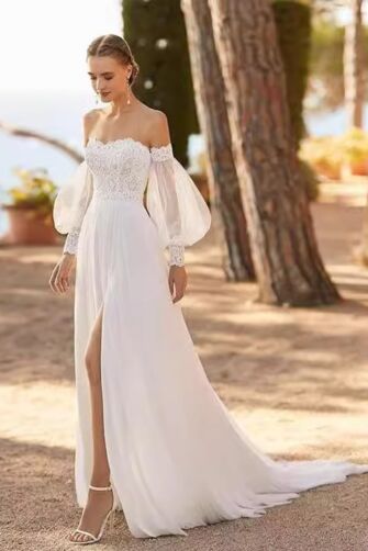 Off-the-Shoulder Lace Bodice Gown with Puff Sleeves and High Slit for Formal Events
