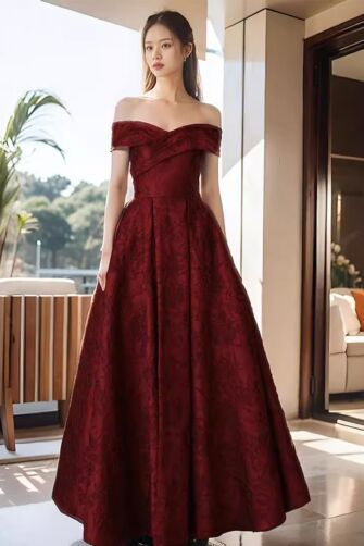 Crimson Off-Shoulder Jacquard Gown – Perfect for Weddings and Formal Evenings