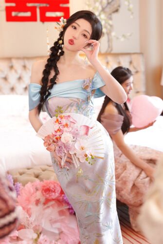 Sky Blue Off-Shoulder Qipao Gown with Floral Embroidery – Perfect for Modern Chinese Weddings