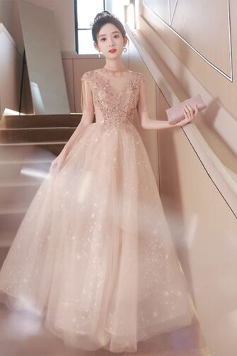 Glistening Nude Tulle Gown with Beaded Detailing and Starry Embroidery – Perfect for Formal Events and Galas