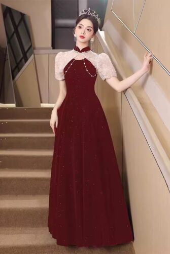 Burgundy High-Collar Lace Puff-Sleeve Gown – Perfect for Weddings and Formal Events