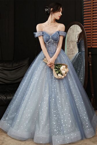 Celestial Blue Off-Shoulder Sparkle Ball Gown – Perfect for Weddings and Fairy-Tale Evenings