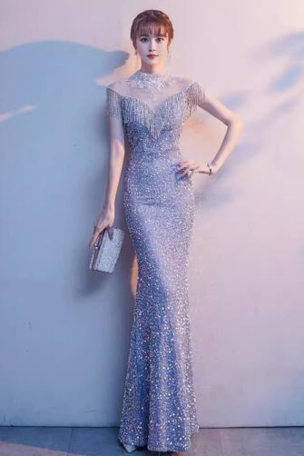 Silver High-Neck Fringe Sequin Gown – Perfect for Weddings and Formal Soirees