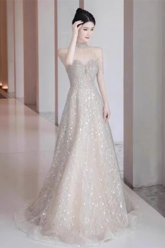 Champagne Sequin Off-Shoulder A-Line Gown with Sheer Choker – Perfect for Galas and Formal Events