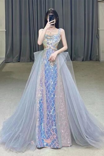 Iridescent Sequin Gown with Tulle Overskirt – Perfect for Weddings and Gala Evenings