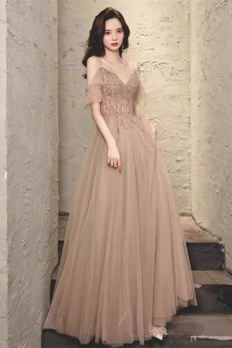 Champagne Beaded V-Neck Tulle Gown with Sheer Sleeves – Perfect for Weddings and Formal Occasions