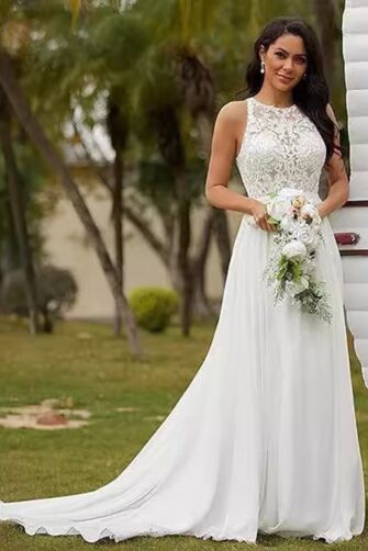  Illusion Neckline A-Line Gown with Long Train for Formal Events