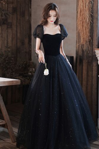 Midnight Starry Black Velvet and Tulle Ball Gown with Puff Sleeves