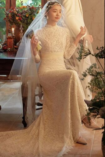 Lace Long-Sleeve A-Line Gown with Long Train for Wedding
