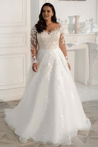 Long-Sleeve Lace Ball Gown with V-Neck and Full Skirt for Formal Events