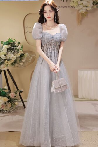 Elegant Light Grey Tulle Puff Sleeve Evening Gown with Lace Details – Perfect for Weddings and Formal Events