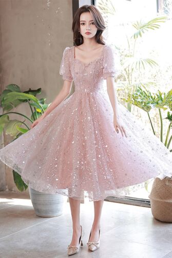 Pink Sequin Puff-Sleeve Party Dress – Elegant Midi for Special Occasions