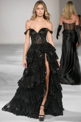 Off-the-Shoulder Sequin Ruffled Gown with High Slit for Formal Events