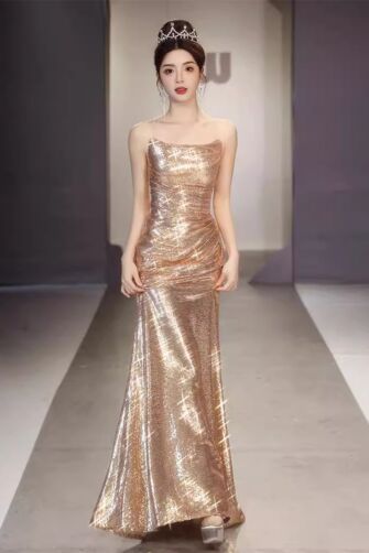 Glamorous Gold Sequin Evening Gown – Perfect for Red Carpet Events and Formal Occasions
