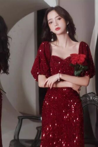 Crimson Sparkle Sequin Dress – Off-Shoulder Puff Sleeve Gown