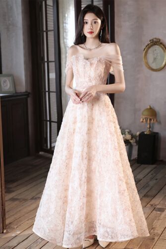 Blush Off-the-Shoulder Lace A-Line Gown – Perfect for Weddings and Formal Occasions